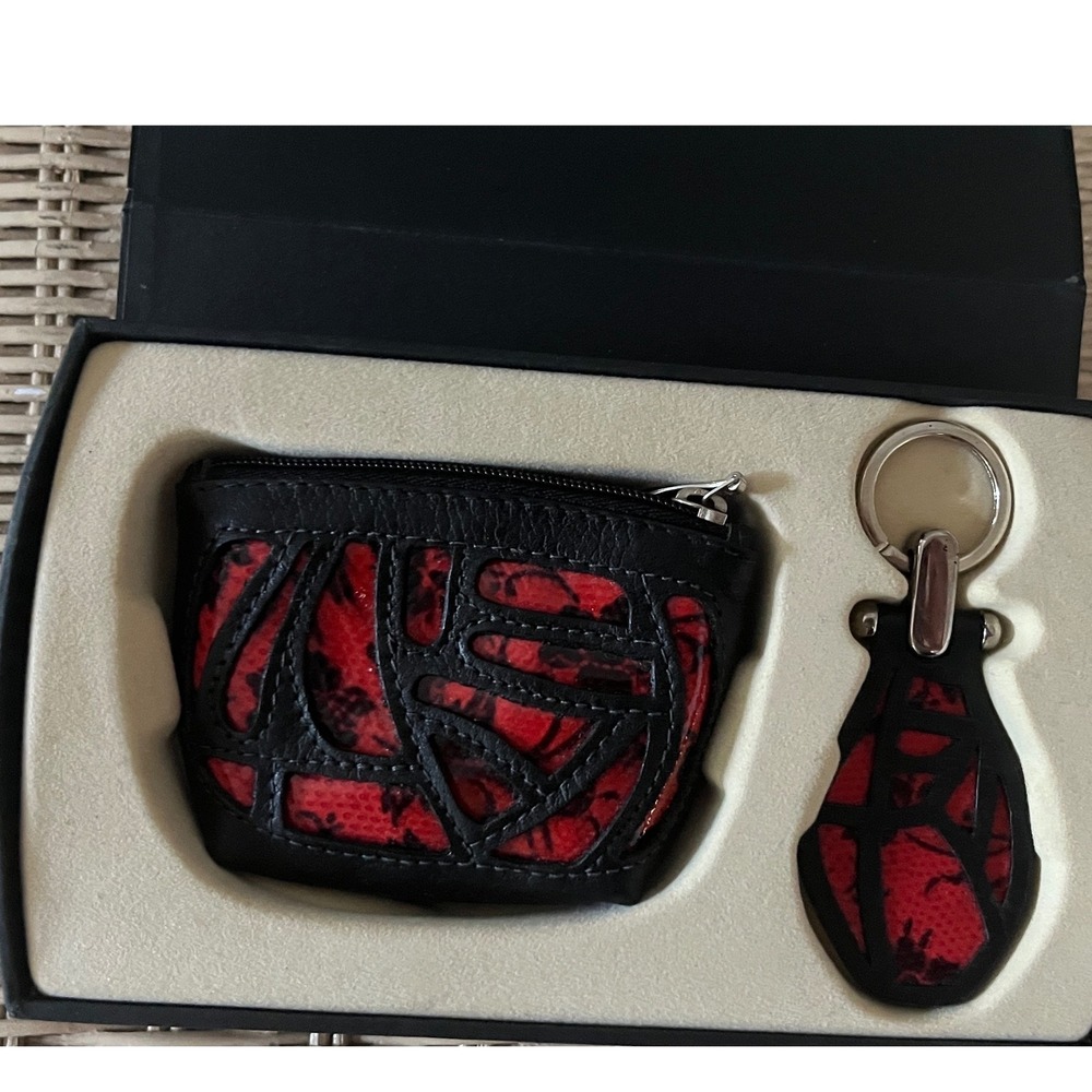 Renzo Costa Leather Gift Set Coin Purse & Key Fob Boxed Black Red Laser Cut Peru